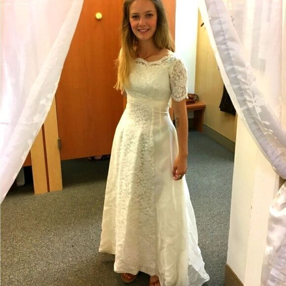 Romantic vintage 60's pretty floral lace wedding dress Union made A-line cream - Picture 2 of 14